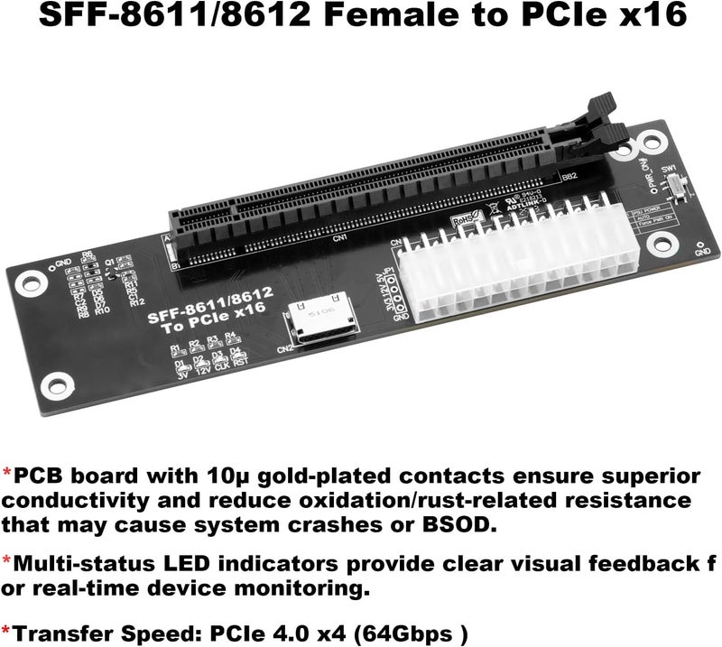 OwlTree PCIe 4.0 x4 64Gbps Compatible eGPU DOCK, with OCuLink SFF-8612 8311 to PCIe x16 and SFF-8611 Male Cable, Enclosure supports Standard ATX Power and External Graphics Cards GPU for Laptop Mini PC - Image 3